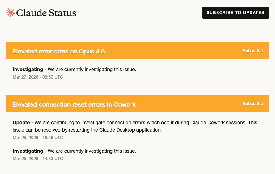 Anthropic status page showing elevated error rates on Opus 4.6 and connection reset errors, March 27, 2026