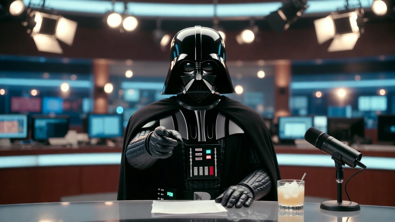 Darth Vader sitting at a news anchor desk in a broadcast studio