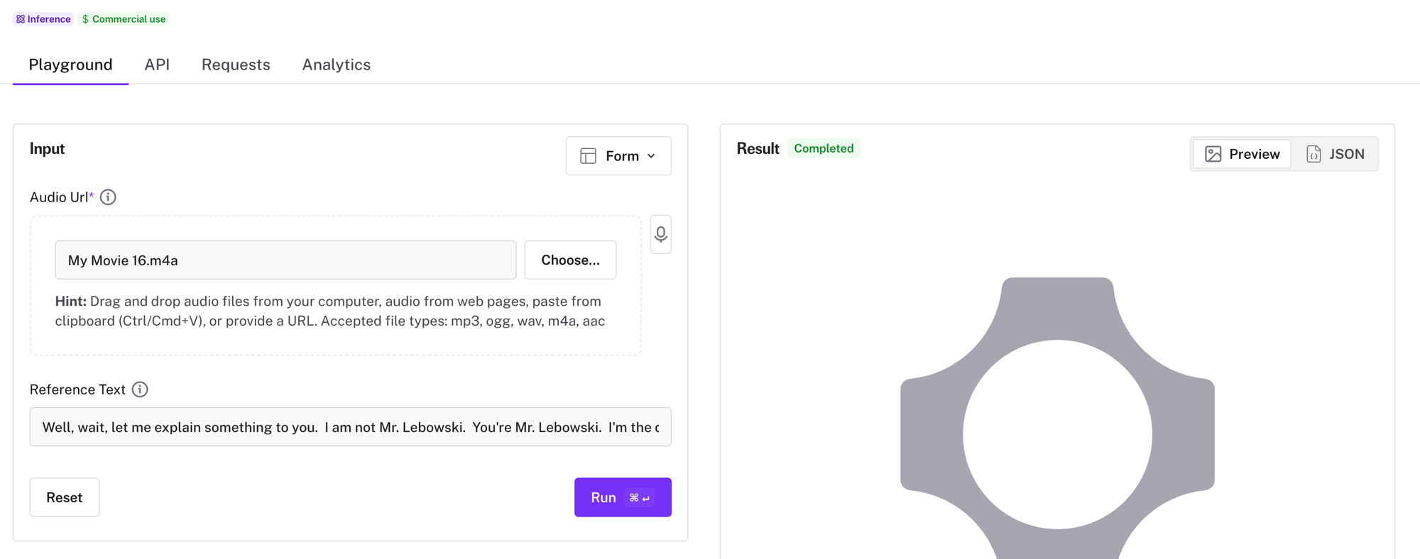 Fal.ai playground interface for voice cloning