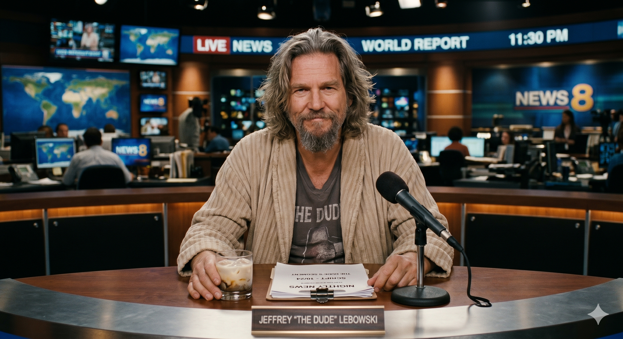 The Dude from The Big Lebowski sitting at a news anchor desk in a newsroom