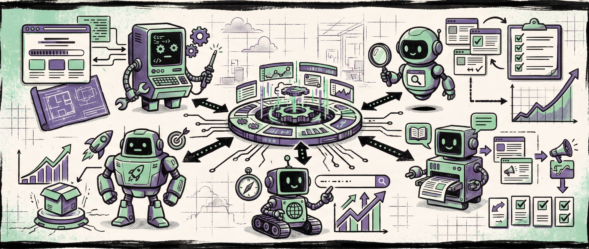 Illustration of multiple AI agent robots coordinating startup workflows around a central operating hub.