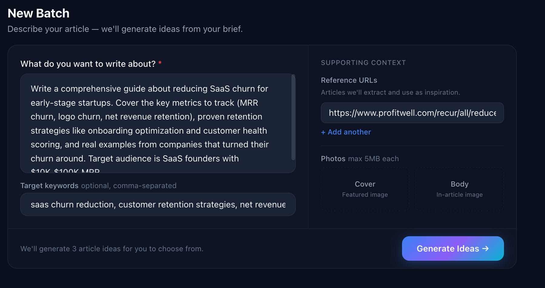 DraftSpring New Batch form for starting an AI-assisted article workflow