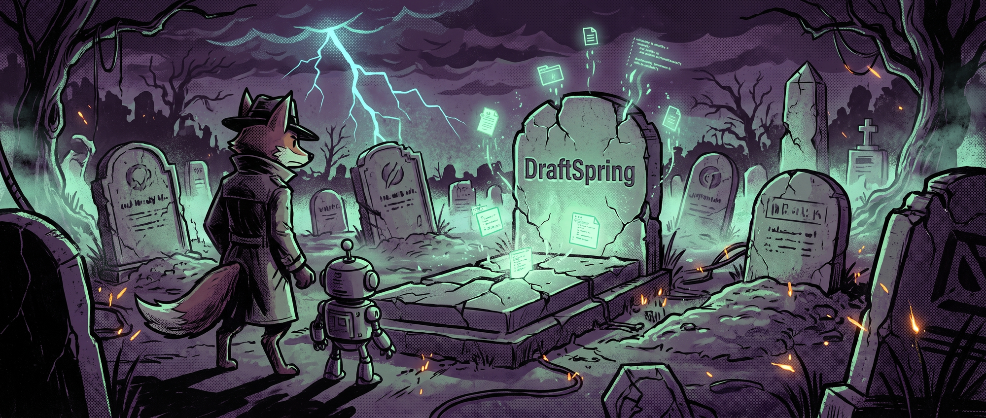 CofounderGPT-style graveyard cover with a DraftSpring tombstone