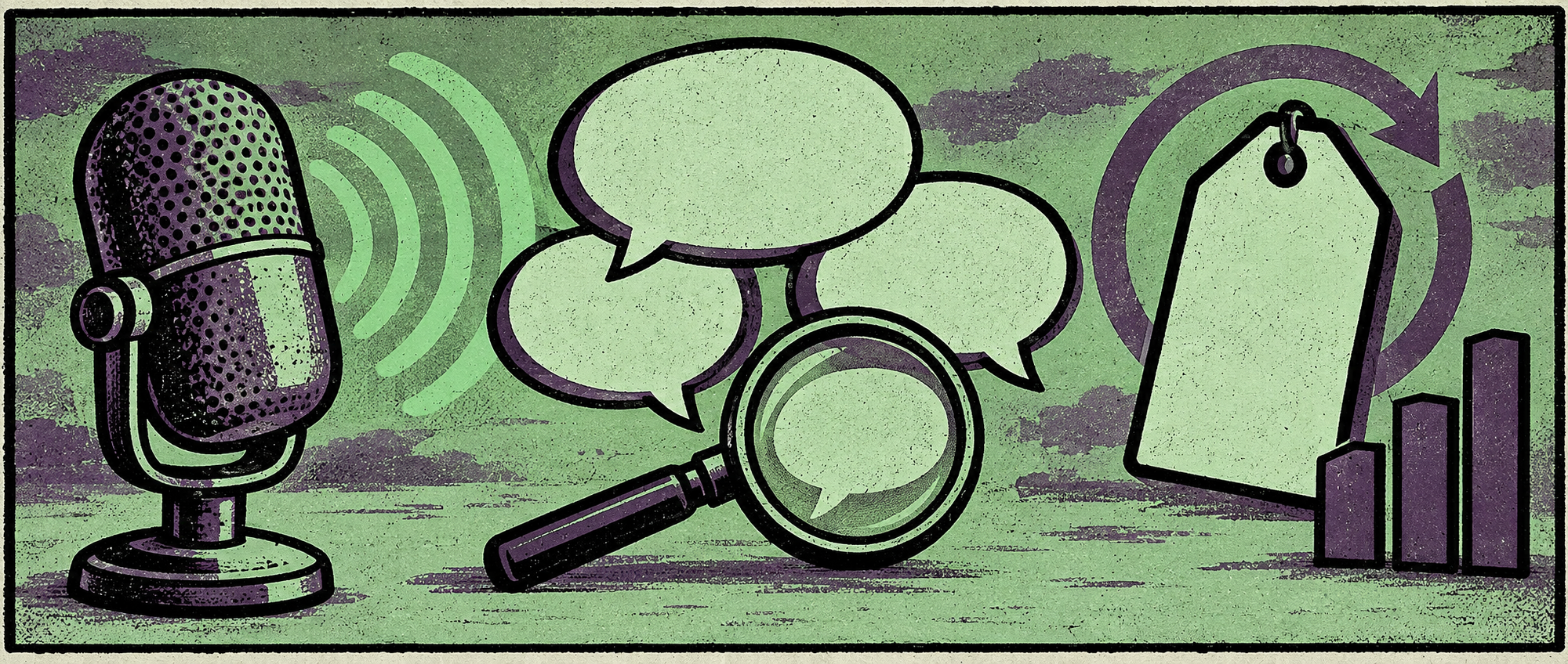 Gritty mint and purple illustration of a microphone, speech bubbles, magnifying glass and subscription pricing symbols.