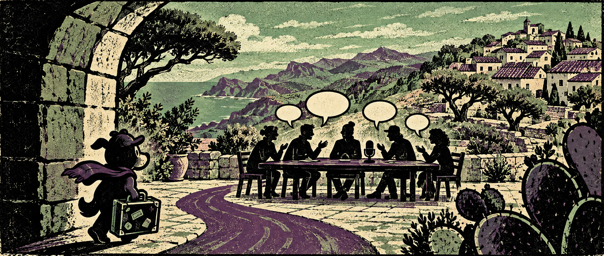 Screenprint illustration of a traveling AI courier joining a team discussion in a Sardinian courtyard.