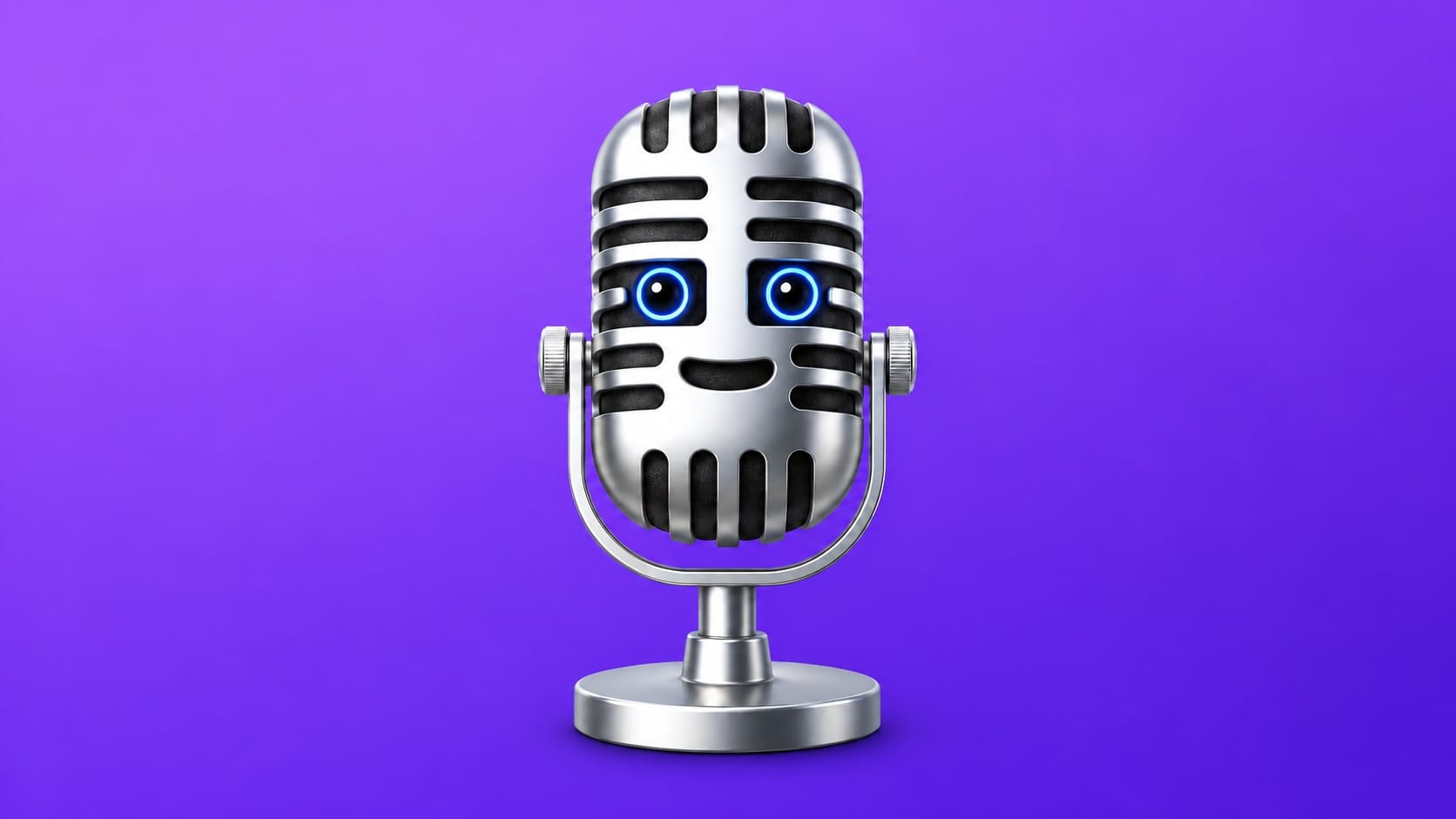 A smiling silver microphone with blue eyes on a purple background.
