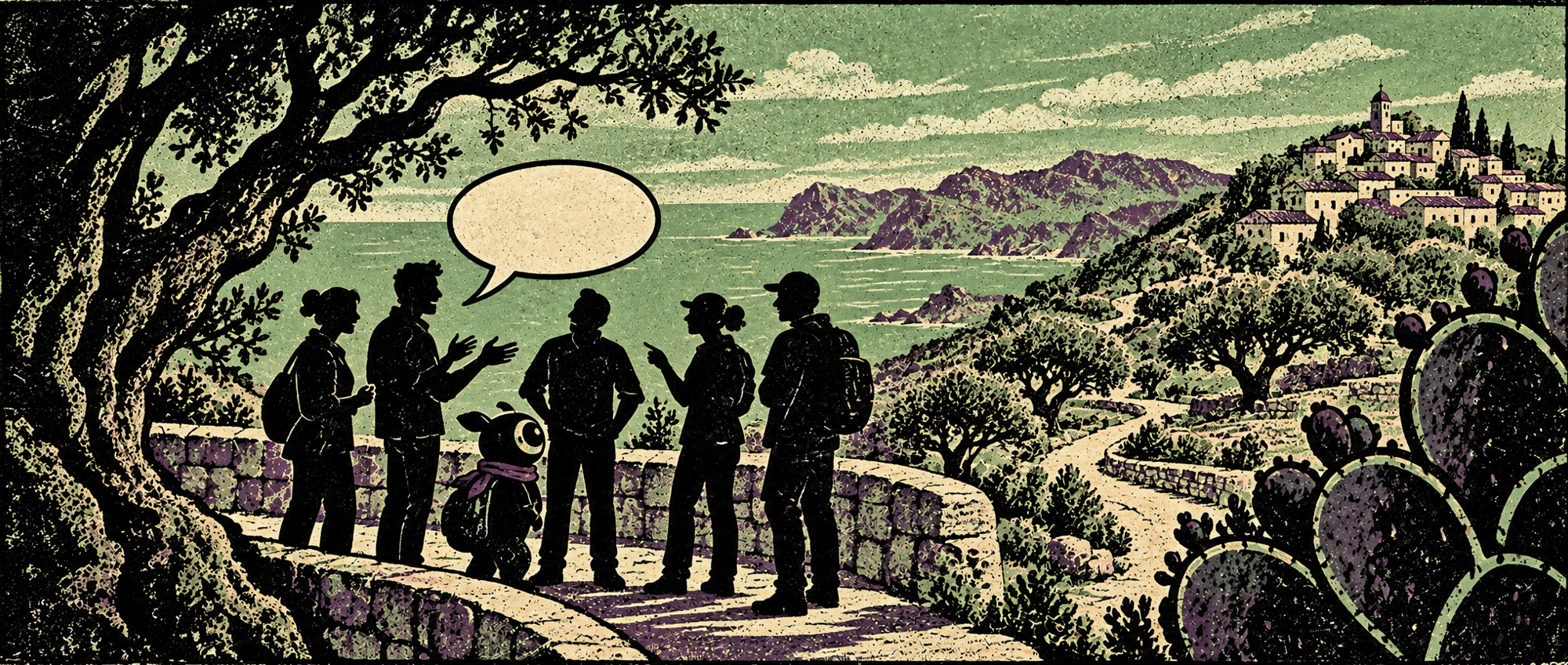 Screenprint illustration of a team and an AI companion talking on a Sardinian hillside terrace.