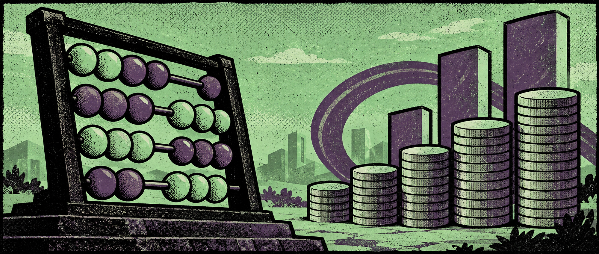 Green, purple and black screenprint of a large abacus beside unmarked coin stacks and financial chart sculptures.
