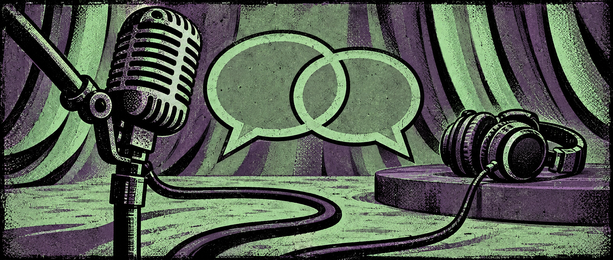 Screenprinted microphone, headphones and empty conversation bubbles in mint, purple and black.