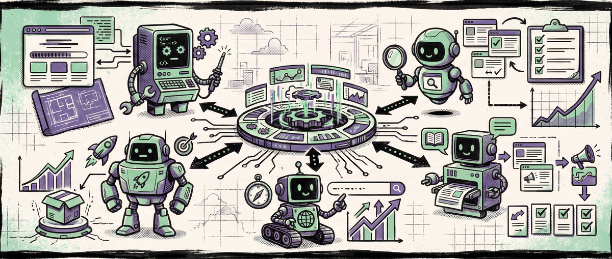 A stylized CofounderGPT agent team operating inside a real startup workflow.